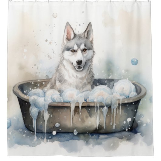 Sibirischer Husky in der Badewanne Wasserfarben Ku Duschvorhang (Vorderseite)