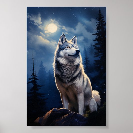 Sibirischer Husky in mondbeleuchteter Nacht Poster (Vorne)