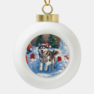 Sibirischer Husky läuft im Schnee mit Weihnachtsmü Keramik Kugel-Ornament