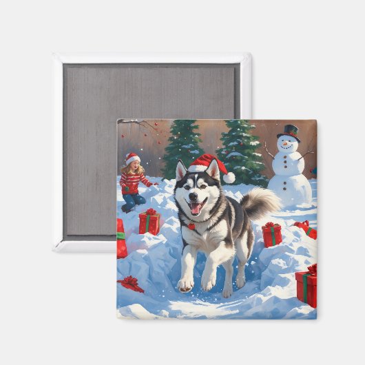 Sibirischer Husky läuft im Schnee mit Weihnachtsmü Magnet (Vorderseite/Rückseite)