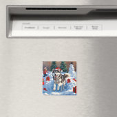 Sibirischer Husky läuft im Schnee mit Weihnachtsmü Magnet (In Situ (Geschirrspüler))