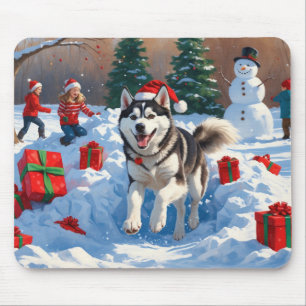 Sibirischer Husky läuft im Schnee mit Weihnachtsmü Mousepad