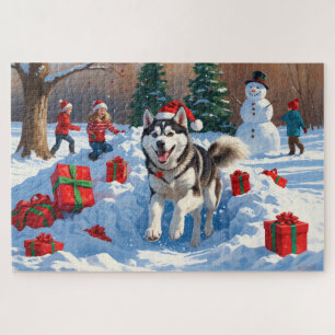 Sibirischer Husky läuft im Schnee mit Weihnachtsmü Puzzle