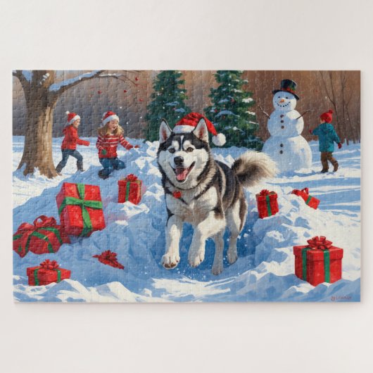 Sibirischer Husky läuft im Schnee mit Weihnachtsmü Puzzle (Horizontal)