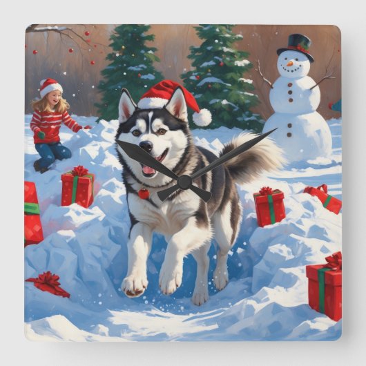 Sibirischer Husky läuft im Schnee mit Weihnachtsmü Quadratische Wanduhr (Vorderseite)