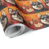 Sibirischer Husky mit Herz-Rose Valentinstag Geschenkpapier (Rolleneckpunkt)