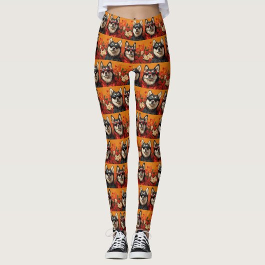 Sibirischer Husky mit Herz-Rose Valentinstag Leggings (Vorderseite)