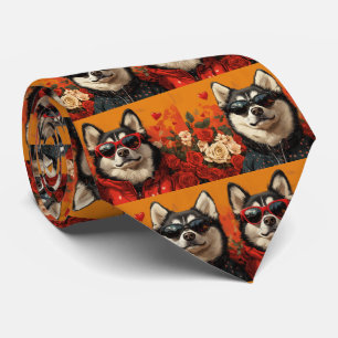Sibirischer Husky mit Herzrosen zum Valentinstag Krawatte