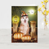 Sibirischer Husky mit Hexenhut Halloween Karte (Gelbe Blume)