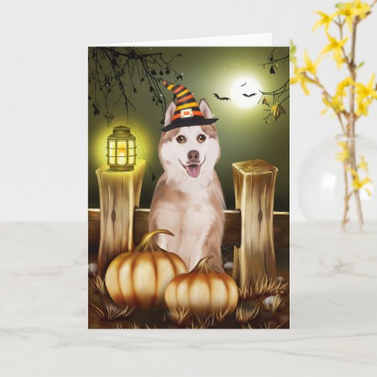 Sibirischer Husky mit Hexenhut Halloween Karte (Gelbe Blume)