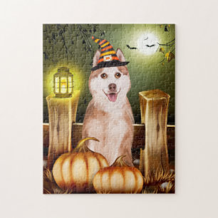 Sibirischer Husky mit Hexenhut Halloween Puzzle
