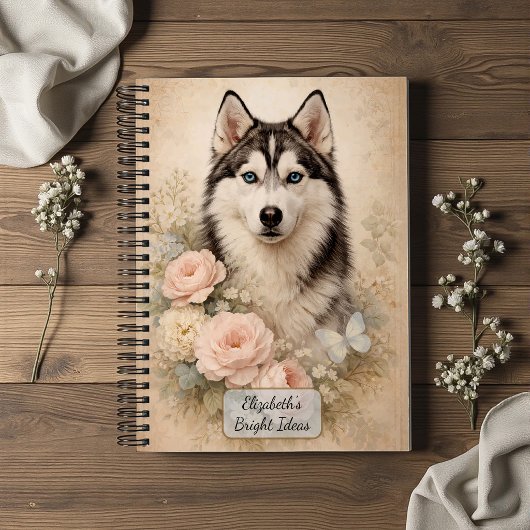 Sibirischer Husky mit Rosen Notizblock
