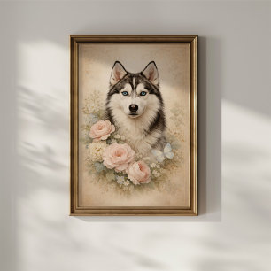 Sibirischer Husky mit Rosen Poster