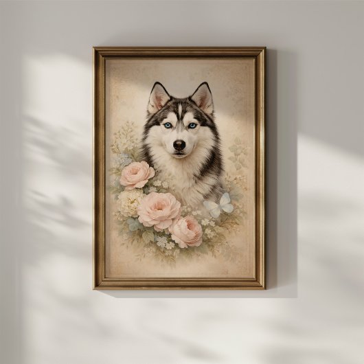 Sibirischer Husky mit Rosen Poster