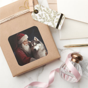 Sibirischer Husky mit Santa Claus Festliches Weihn Quadratischer Aufkleber