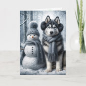 Sibirischer Husky mit Schneemann Karte (Vorderseite)