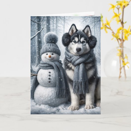 Sibirischer Husky mit Schneemann Karte (Gelbe Blume)