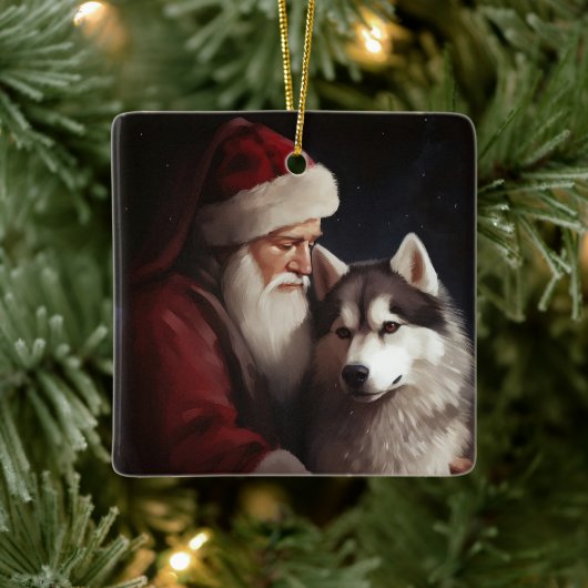 Sibirischer Husky mit Weihnachtsmann Weihnachten Keramikornament (Baum)