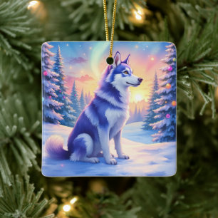 Sibirischer Husky Nordlichter Weihnachten Winter Keramikornament