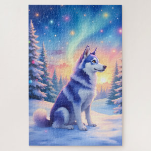 Sibirischer Husky Nordlichter Weihnachten Winter Puzzle