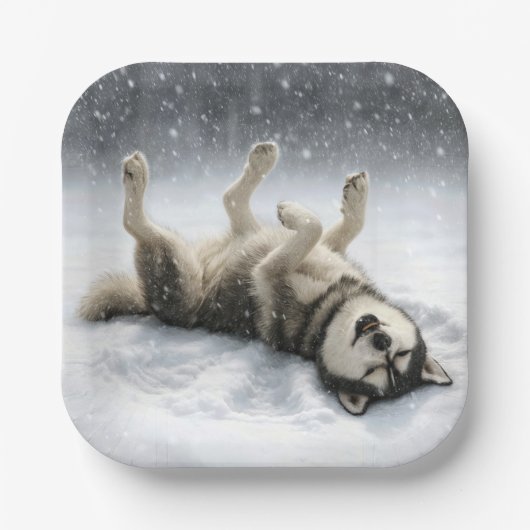 Sibirischer Husky schafft einen Schneengel Pappteller (Vorderseite)