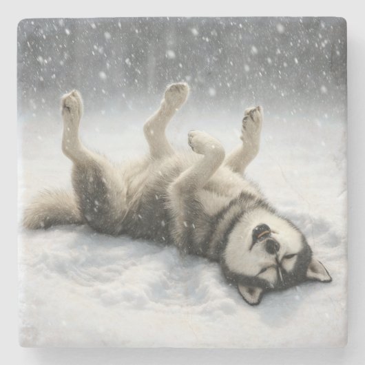 Sibirischer Husky schafft einen Schneengel Steinuntersetzer (Vorderseite)