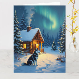 Sibirischer Husky Schneehütte Weihnachtsmalerei Karte