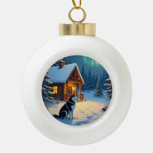 Sibirischer Husky Schneehütte Weihnachtsmalerei Keramik Kugel-Ornament