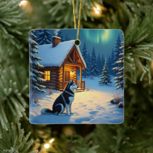Sibirischer Husky Schneehütte Weihnachtsmalerei Keramikornament