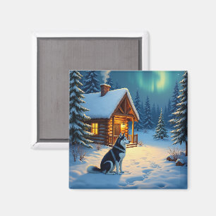 Sibirischer Husky Schneehütte Weihnachtsmalerei Magnet