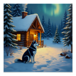 Sibirischer Husky Schneehütte Weihnachtsmalerei Poster