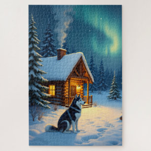 Sibirischer Husky Schneehütte Weihnachtsmalerei Puzzle