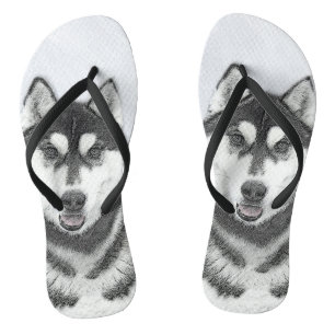 Sibirischer Husky (Schwarz und Weiß) Malerei Hunde Badesandalen