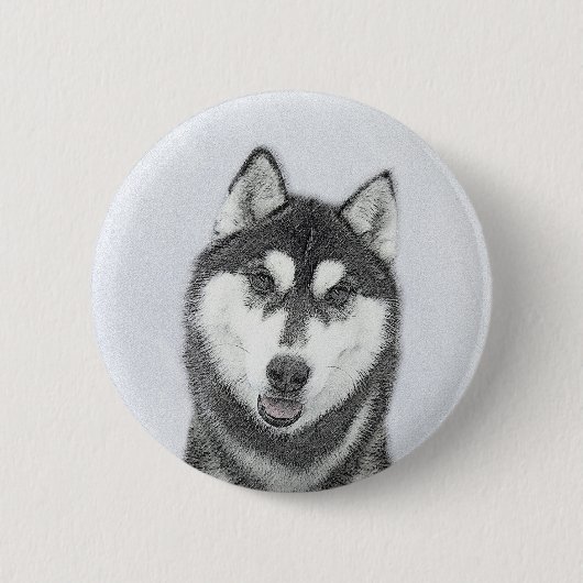 Sibirischer Husky (Schwarz und Weiß) Malerei Hunde Button (Vorderseite)