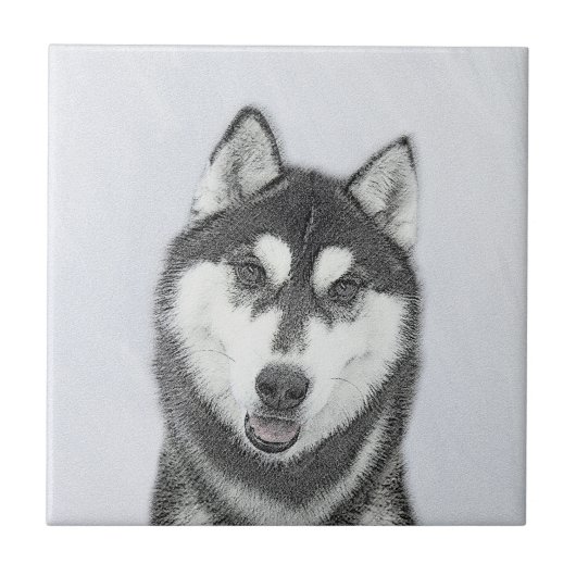 Sibirischer Husky (Schwarz und Weiß) Malerei Hunde Fliese (Vorderseite)