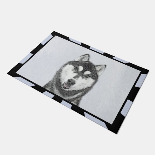 Sibirischer Husky (Schwarz und Weiß) Malerei Hunde Fußmatte (Schrägansicht)