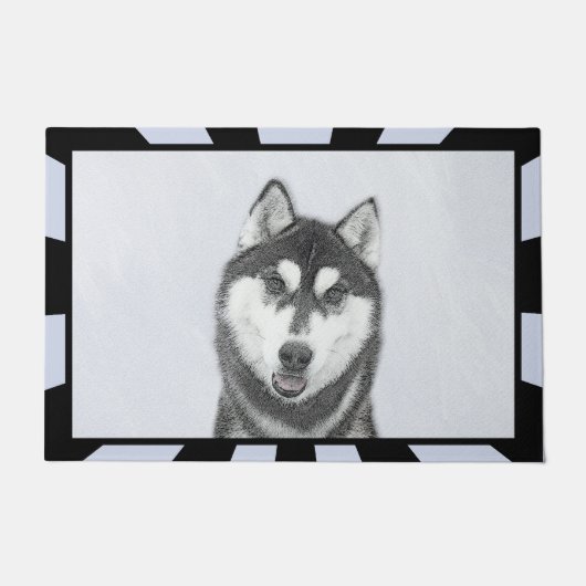 Sibirischer Husky (Schwarz und Weiß) Malerei Hunde Fußmatte (Vorderseite)