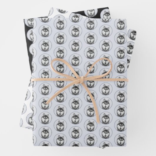 Sibirischer Husky (Schwarz und Weiß) Malerei Hunde Geschenkpapier Set (Beispiel)