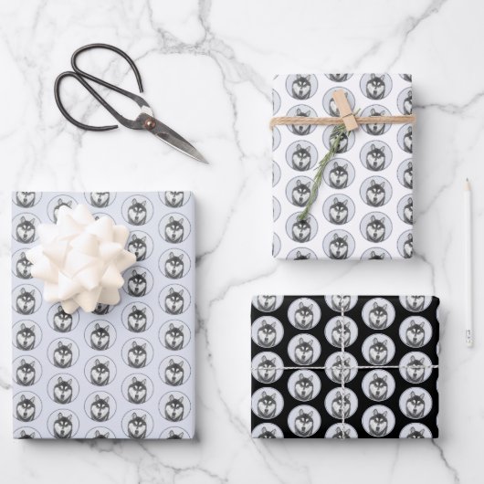 Sibirischer Husky (Schwarz und Weiß) Malerei Hunde Geschenkpapier Set (Vorderseite)