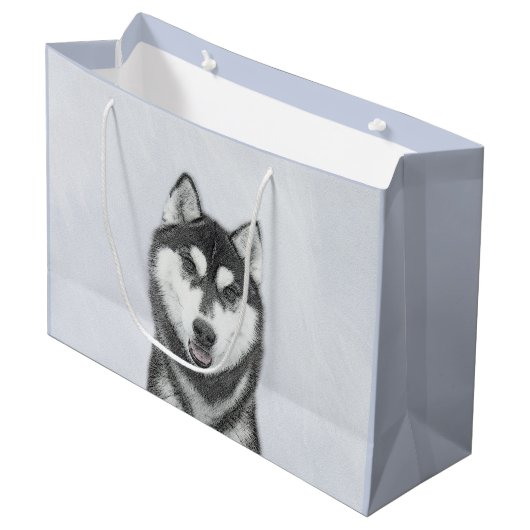 Sibirischer Husky (Schwarz und Weiß) Malerei Hunde Große Geschenktüte (Vorderseite Schrägansicht)