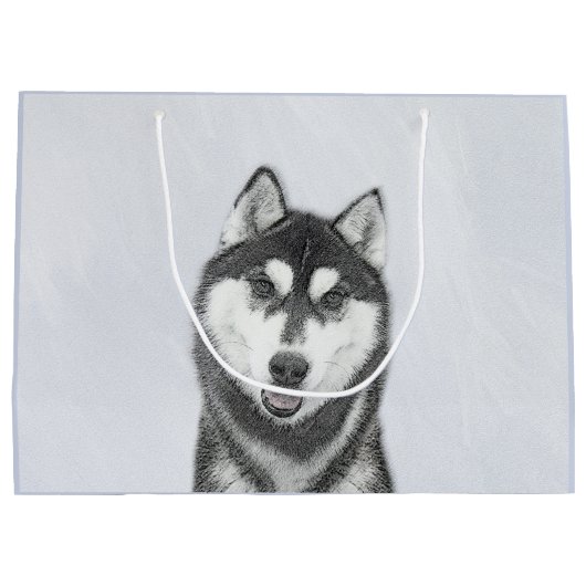 Sibirischer Husky (Schwarz und Weiß) Malerei Hunde Große Geschenktüte (Rückseite)