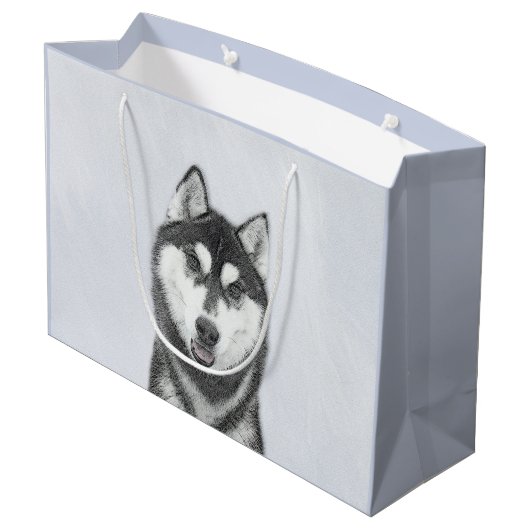 Sibirischer Husky (Schwarz und Weiß) Malerei Hunde Große Geschenktüte (Rückseite Schrägansicht)