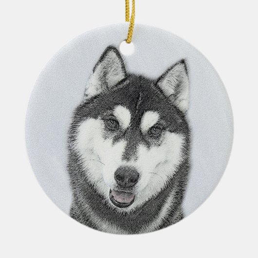Sibirischer Husky (Schwarz und Weiß) Malerei Hunde Keramik Ornament (Vorne)