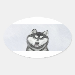 Sibirischer Husky (Schwarz und Weiß) Malerei Hunde Ovaler Aufkleber
