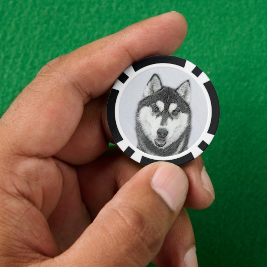 Sibirischer Husky (Schwarz und Weiß) Malerei Hunde Pokerchips (Hand)