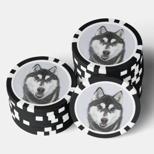 Sibirischer Husky (Schwarz und Weiß) Malerei Hunde Pokerchips (Stapel)