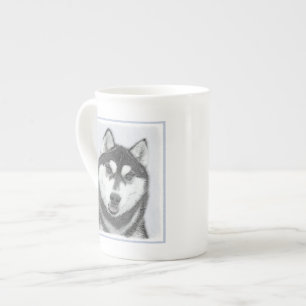 Sibirischer Husky (Schwarz und Weiß) Malerei Hunde Porzellantasse