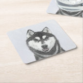Sibirischer Husky (Schwarz und Weiß) Malerei Hunde Rechteckiger Pappuntersetzer (angewinkelt)