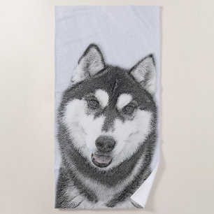 Sibirischer Husky (Schwarz und Weiß) Malerei Hunde Strandtuch