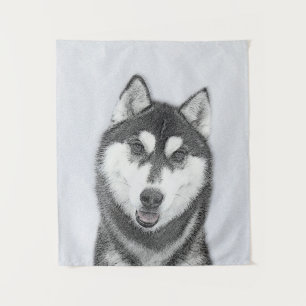 Sibirischer Husky (Schwarz und Weiß) Malerei Hunde Wandteppich